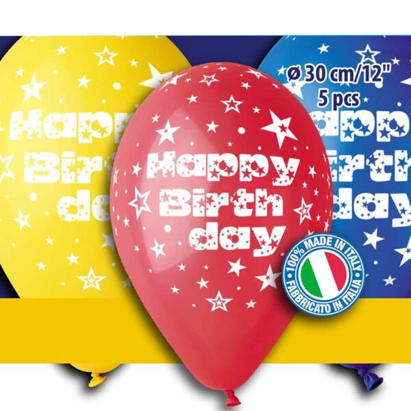 12" Μπαλόνι 'Happy birthday' διάφορα χρώματα (5 τεμ)