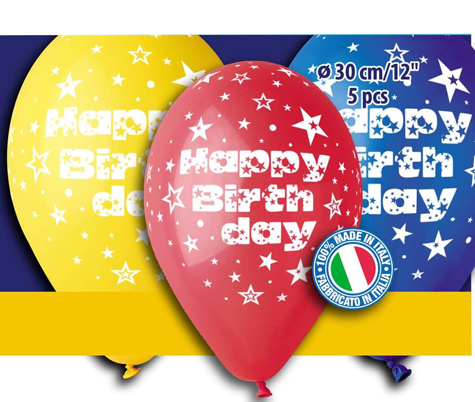 12" Μπαλόνι 'Happy birthday' διάφορα χρώματα (5 τεμ)