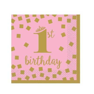 Χαρτοπετσέτες μικρές "1st Birthday" ροζ & χρυσό (16τεμ)