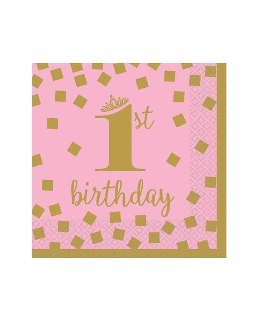 Χαρτοπετσέτες μικρές "1st Birthday" ροζ & χρυσό (16τεμ)
