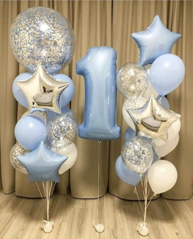 Σύνθεση μπαλονιών με αριθμό για γενέθλια γαλάζιο-ασημί-κομφετί