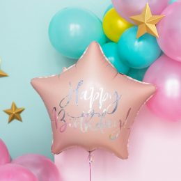 Μπαλόνι Αστέρι Happy Birthday Ροζ της Πούδρας