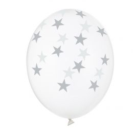 Σετ Διάφανα Μπαλόνια με ασημί Αστέρια (6 τεμ)
