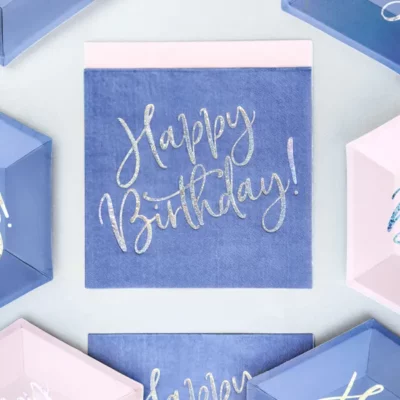 Μπλε Χαρτοπετσέτες με ιριδίζον Happy Birthday