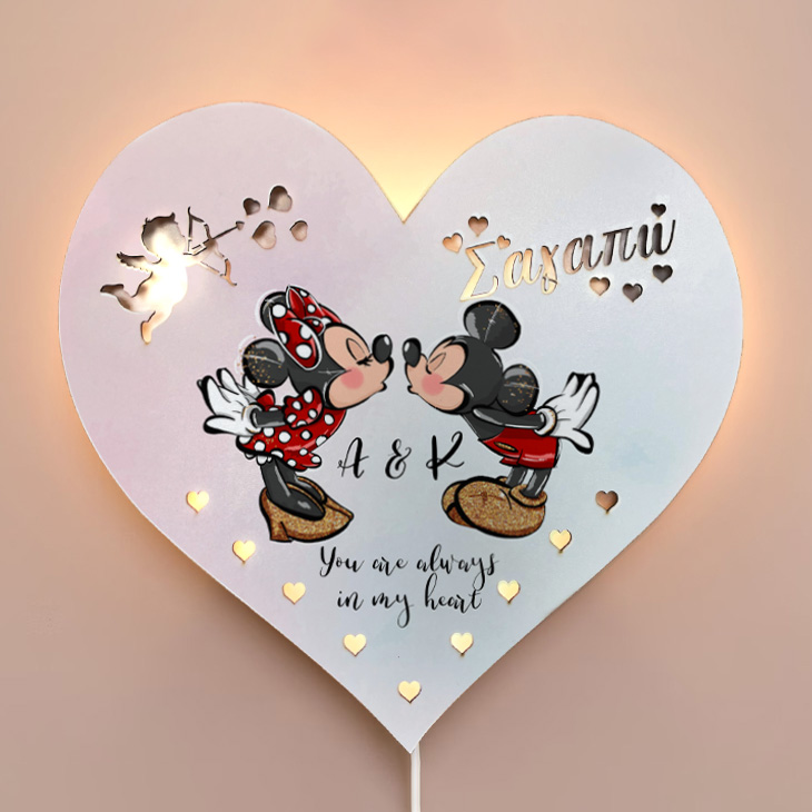 Ξύλινο Φωτιστικό καρδιά - Mickey & Minnie