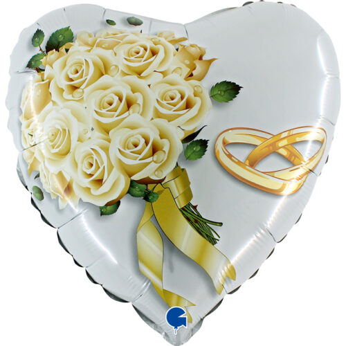 18" Μπαλόνι Καρδιά με Λευκά Τριαντάφυλλα & Βέρες