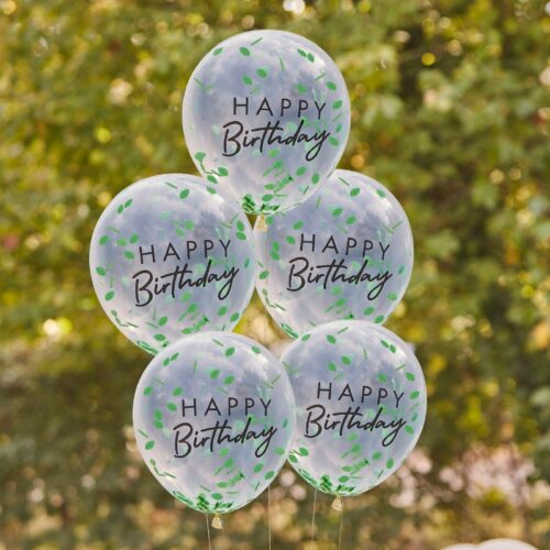 Διάφανα μπαλόνια Γενεθλίων με κομφετί φύλλα (5 τεμ)