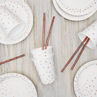 Άσπρα Ποτήρια με ροζ-χρυσό πουά 6 τεμ