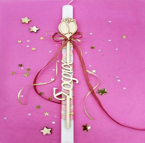 Λαμπάδα με Ξύλινο Όνομα - Τριαντάφυλλο