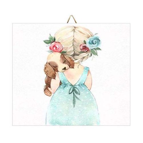 Ξύλινο Καδράκι Σκυλάκι & Κοριτσάκι