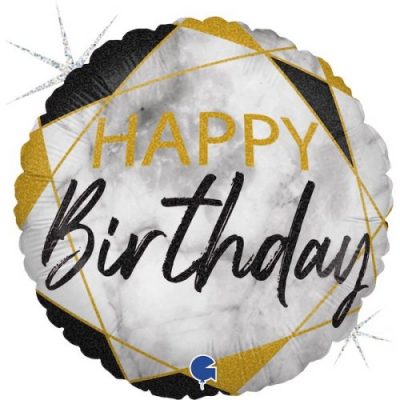 18 Μπαλόνι Happy Birthday Μάρμαρο χρυσό-μαύρο