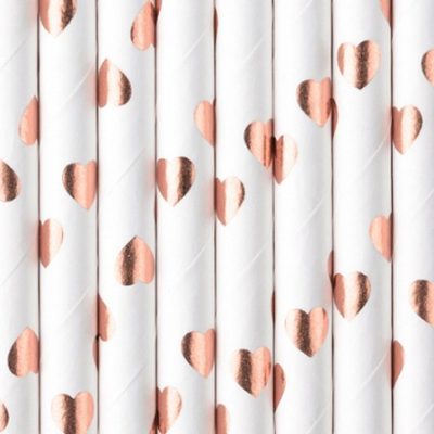 Καλαμάκια Χάρτινα με Rosegold Καρδιές 10 τεμ