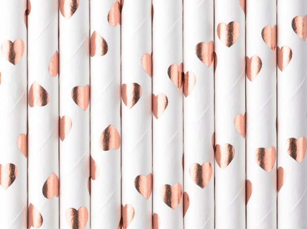 Καλαμάκια Χάρτινα με Rosegold Καρδιές 10 τεμ