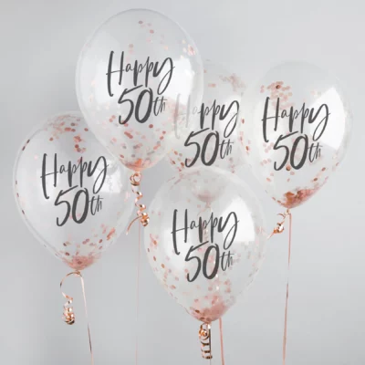 Διάφανα Μπαλόνια 'Happy 50th' με rosegold κομφετί (5 τεμ)