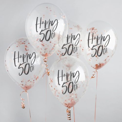 Διάφανα Μπαλόνια 'Happy 50th' με rosegold κομφετί 5 τεμ