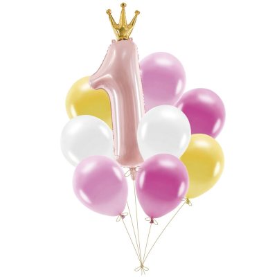 Σετ μπαλόνια 1st Birthday ροζ κορώνα 9 τεμ
