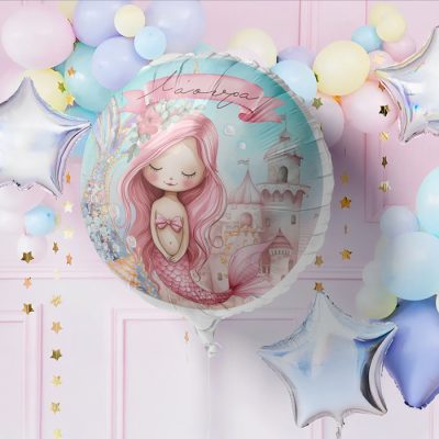 18 Μπαλόνι Foil Tυπωμένο Ροζ Γοργόνα Στρογγυλό-1