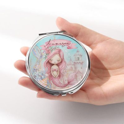 Καθρεφτάκι Ροζ Γοργόνα Ασημί Στρογγυλό