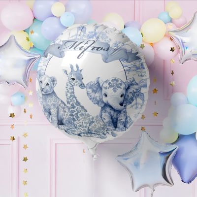 18" Μπαλόνι Foil Tυπωμένο Blue Toile Ζώα Της Ζούγκλας Στρογγυλό-1