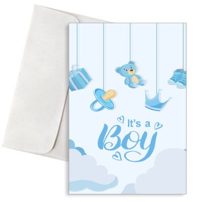 Ευχετήρια Κάρτα Γέννησης Αγοριού - με Αρκουδάκι & Σύννεφα "It's a Boy!"