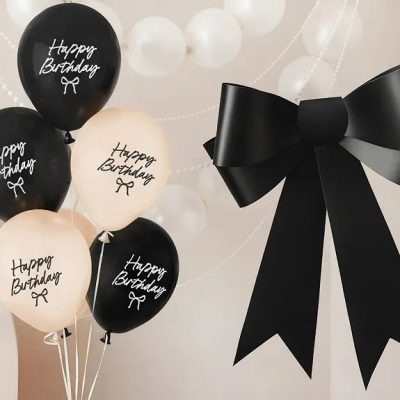 Μπαλόνια Happy Birthday με φιογκάκια Μαύρα & Nude 6 τεμ