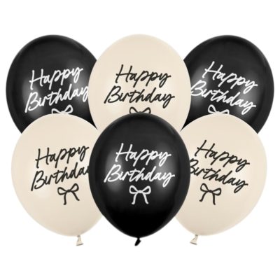 Μπαλόνια Happy Birthday με φιογκάκια Μαύρα & Nude 6 τεμ